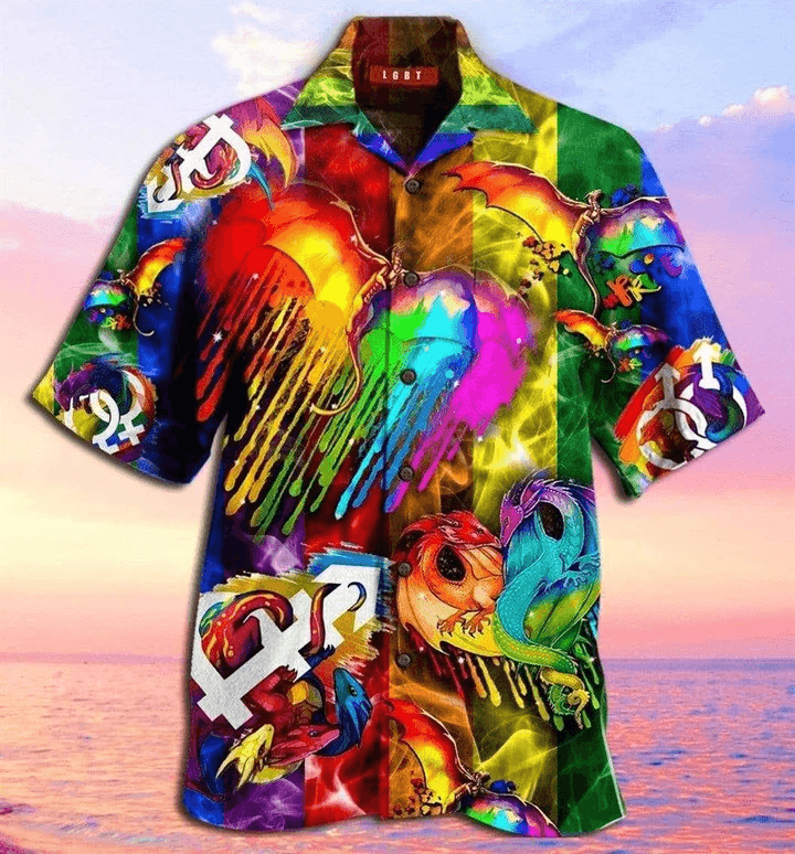 LGBT Aloha Hawaiian Shirts For Summer, Dragon Keep Calm And Pride Colorful Rainbow LGBT Hawaiian Shirts, Gift For Couple Gaymer And Lesbian, Friend - Amzanimalsgift