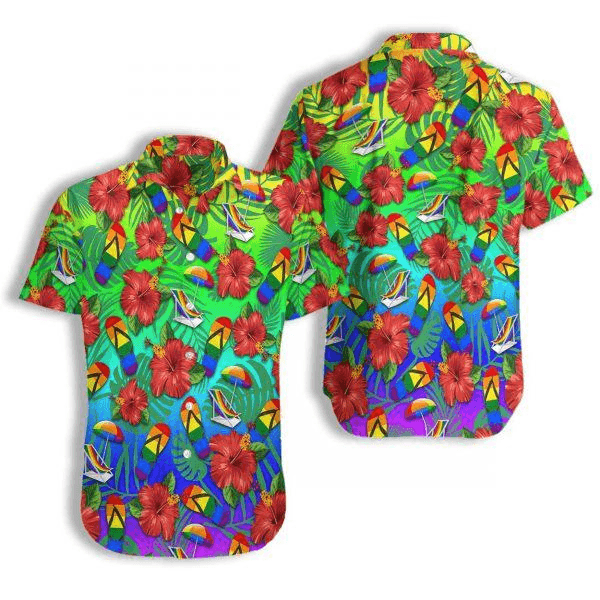LGBT Aloha Hawaiian Shirts For Summer, Flip Flops Hibiscus Flower Colorful Rainbow LGBT Pride Hawaiian Shirts, Gift For Couple Gaymer And Lesbian - Amzanimalsgift