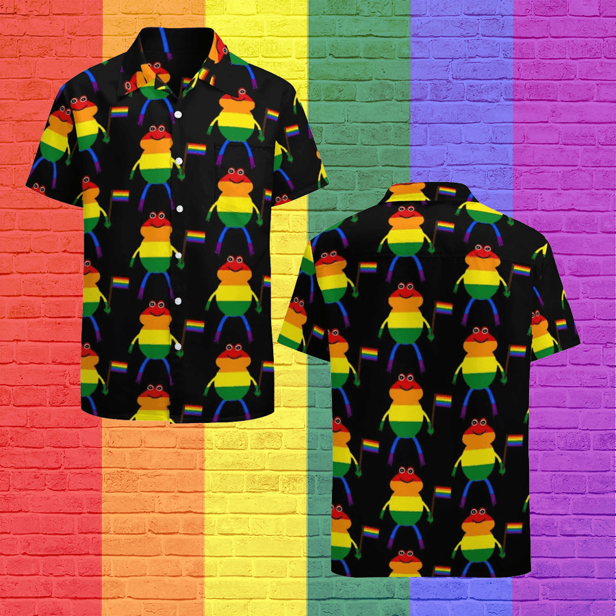 LGBT Aloha Hawaiian Shirts For Summer, Frog Holding Pride Flag Colorful Rainbow LGBT Hawaiian Shirts, Gift For Couple Gaymer And Lesbian - Amzanimalsgift