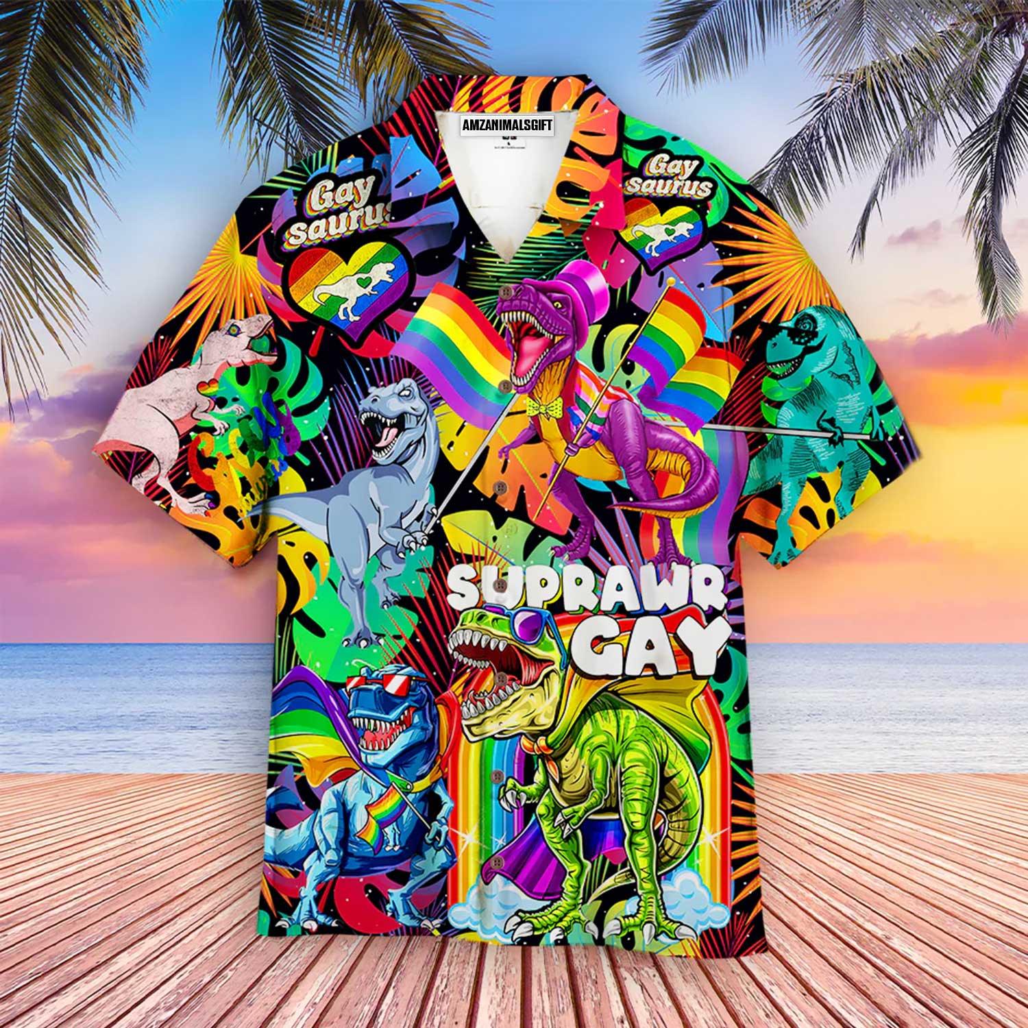 LGBT Aloha Hawaiian Shirts For Summer, Gay Saurus Happy Pride Month Colorful Rainbow Of LGBT Hawaiian Shirts, Gift For Gaymer And Lesbian, Friend - Amzanimalsgift