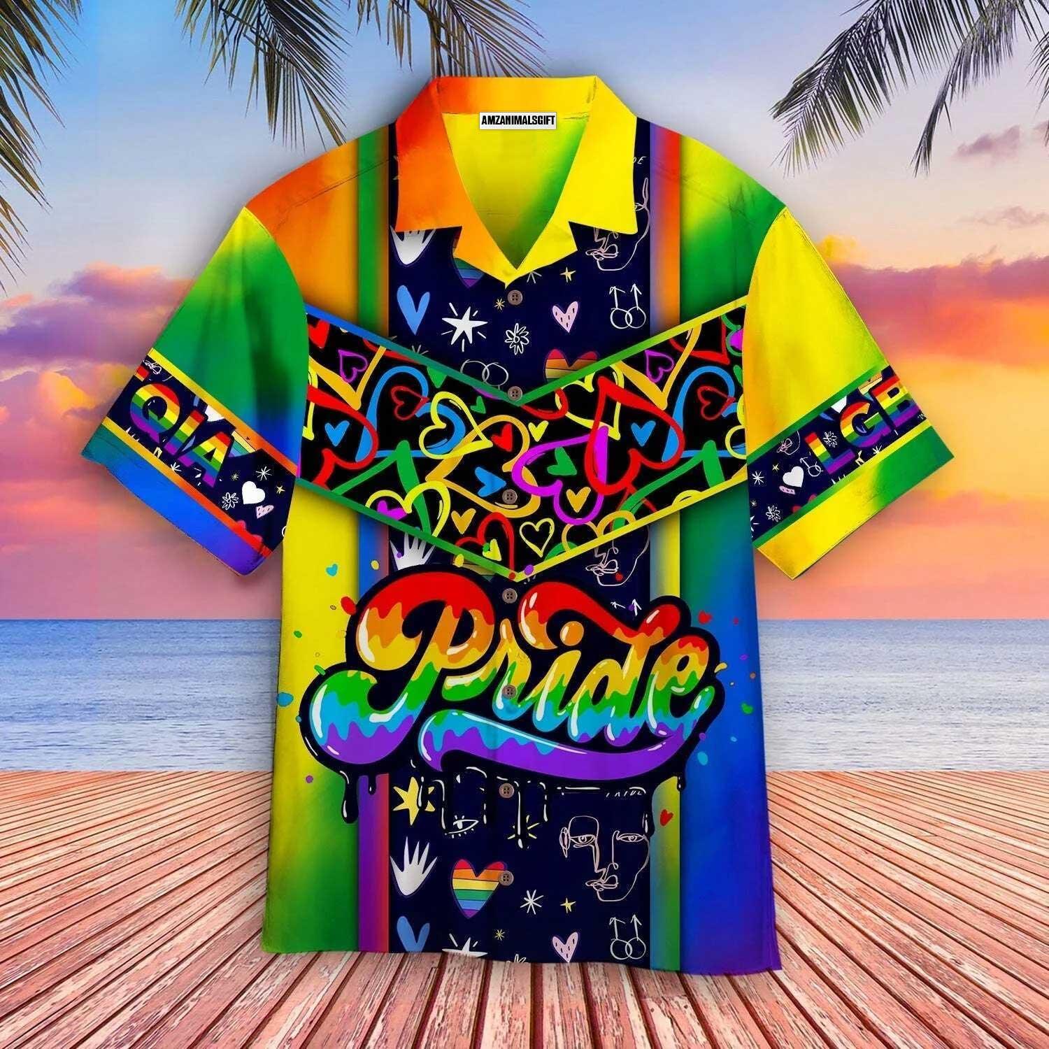 LGBT Aloha Hawaiian Shirts For Summer, Heart And Symbols Pride Rainbow Colorful Of LGBT Hawaiian Shirts, Gift For Couple Gaymer And Lesbian, Friend - Amzanimalsgift