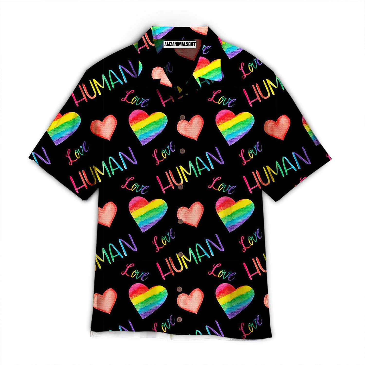 LGBT Aloha Hawaiian Shirts For Summer, Heart Rainbow Colorful LGBT Hawaiian Shirts, Gift For Gaymer And Lesbian - Love Is A Human Right - Amzanimalsgift