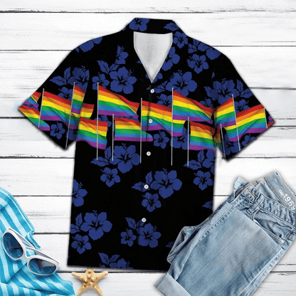 LGBT Aloha Hawaiian Shirts For Summer, Hibiscus Flower Flag Colorful Rainbow LGBT Pride Hawaiian Shirts, Gift For Couple Gaymer And Lesbian - Amzanimalsgift