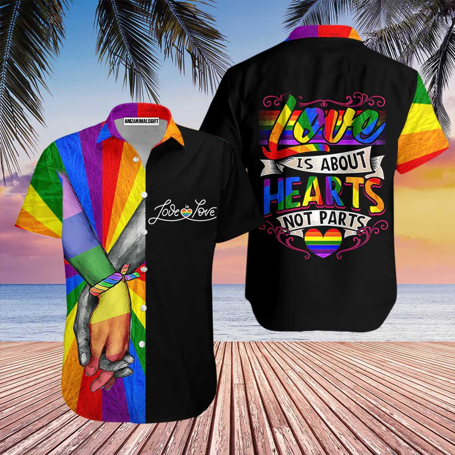 LGBT Aloha Hawaiian Shirts For Summer, Hold Hands Colorful Rainbow LGBT Hawaiian Shirts, Gift For Gaymer And Lesbian - Love Is About Hearts Not Parts - Amzanimalsgift