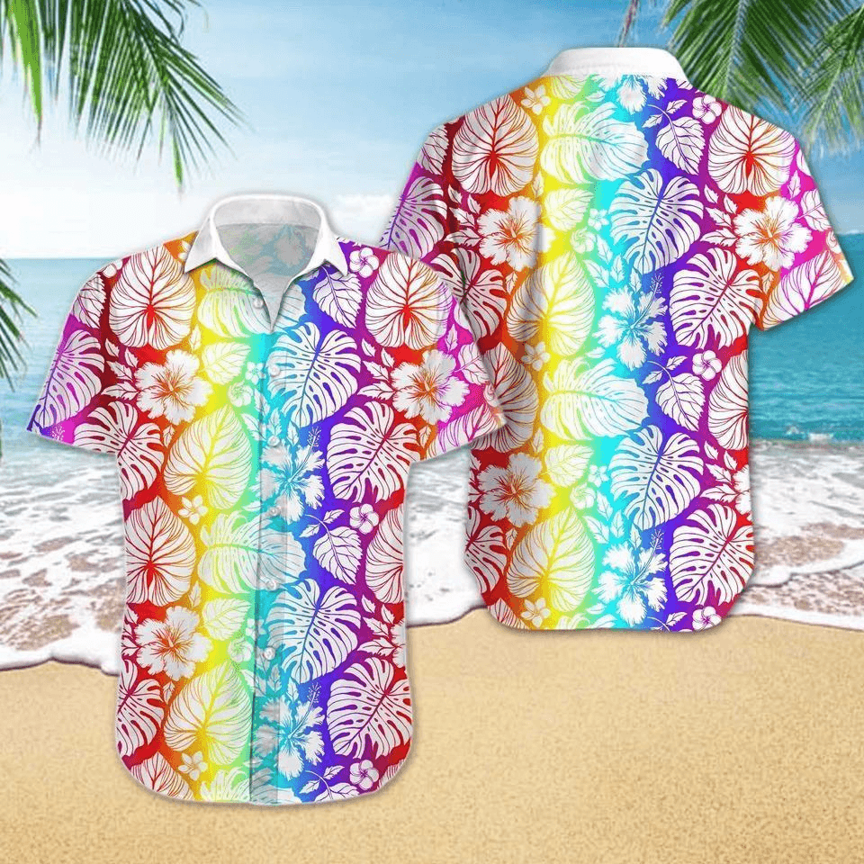 LGBT Aloha Hawaiian Shirts For Summer, Leaves Pattern Colorful Rainbow LGBT Pride Hawaiian Shirts, Gift For Couple Gaymer And Lesbian - Amzanimalsgift