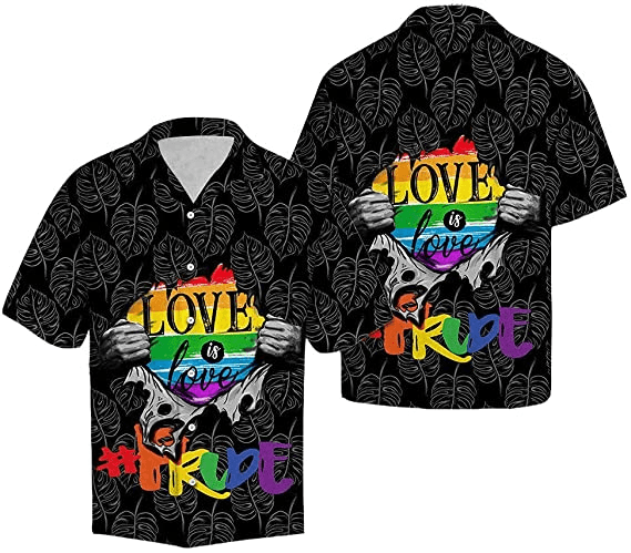 LGBT Aloha Hawaiian Shirts For Summer, Leaves Pattern Pride Colorful Rainbow LGBT Hawaiian Shirts, Gift For Gaymer And Lesbian - Love Is Love - Amzanimalsgift