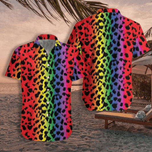 LGBT Aloha Hawaiian Shirts For Summer, Leopard Skin Colorful Rainbow LGBT Pride Hawaiian Shirts, Gift For Couple Gaymer And Lesbian - Amzanimalsgift