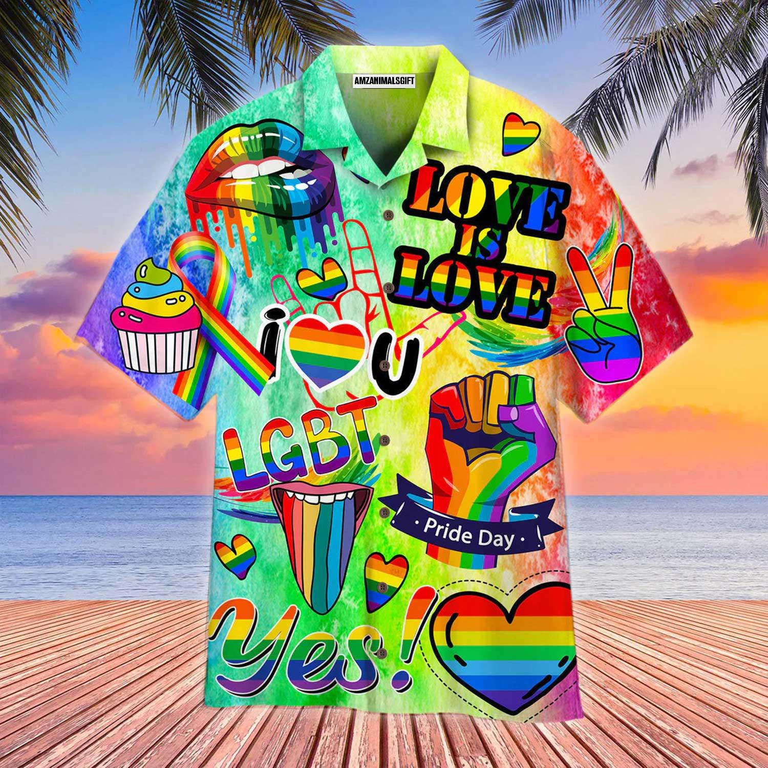 LGBT Aloha Hawaiian Shirts For Summer, Love Is Love LGBT Month Rainbow Colorful LGBT Aloha Hawaiian Shirts For Men Women, Gift For Friend - Amzanimalsgift
