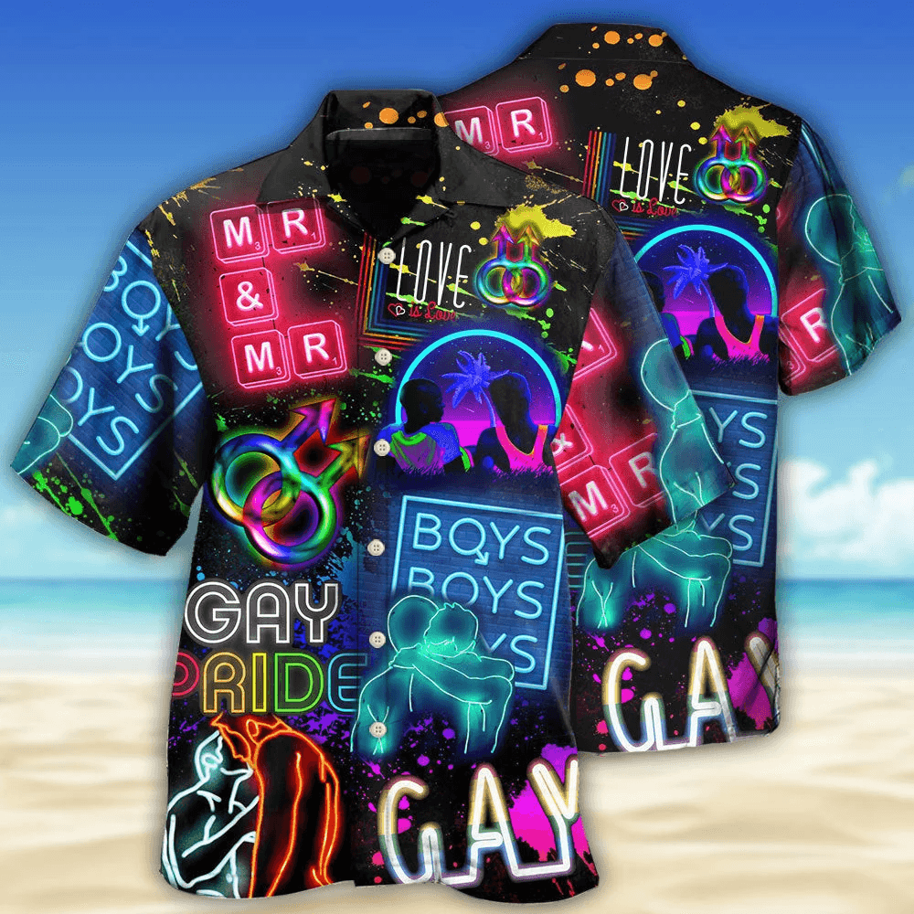 LGBT Aloha Hawaiian Shirts For Summer, Neon Art Boy Gay Pride Colorful Rainbow LGBT Hawaiian Shirts, Gift For Couple Gaymer And Lesbian - Amzanimalsgift