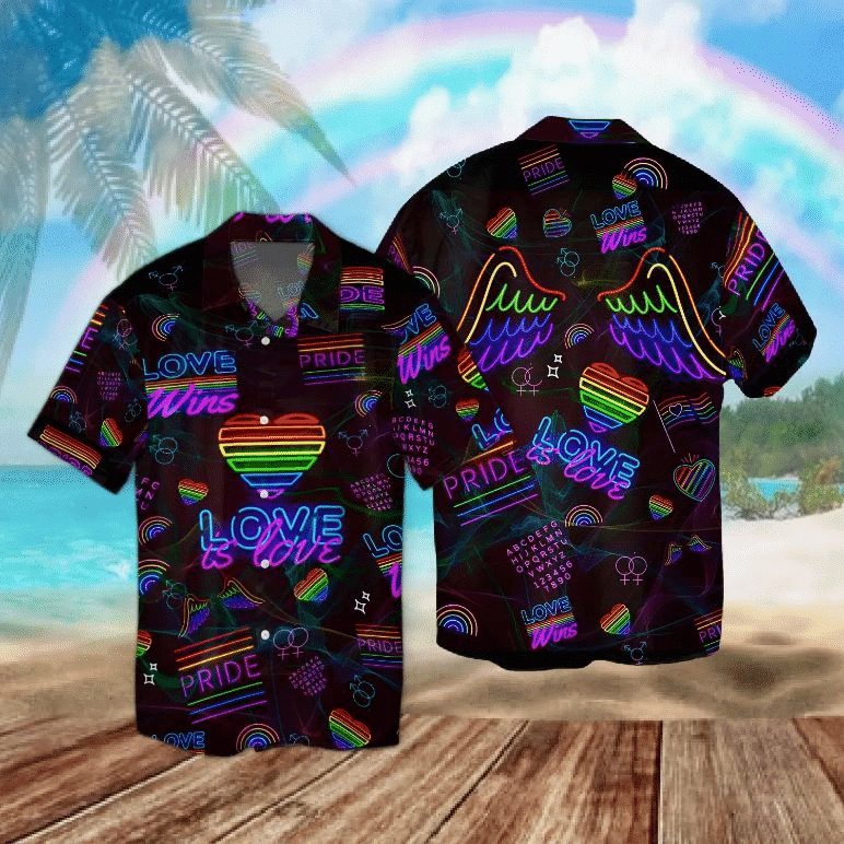 LGBT Aloha Hawaiian Shirts For Summer, Neon Heart And Wings Rainbow Hawaiian Shirts For Men Women, Perfect Gift For Friend, Pride Month LGBT - Amzanimalsgift