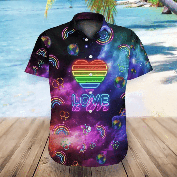 LGBT Aloha Hawaiian Shirts For Summer, Neon Heart Rainbow Galaxy Pride LGBT Hawaiian Shirts For Men Women, Perfect Gift For Friend - Love Is Love - Amzanimalsgift