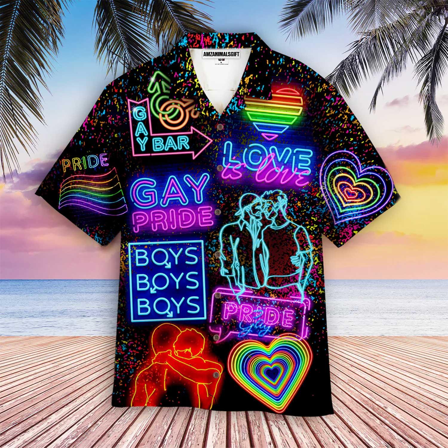 LGBT Aloha Hawaiian Shirts For Summer, Neon Pride Month LGBT Aloha Hawaiian Shirts For Men Women, Perfect Gift For Friend, Family, Team - Love Is Love - Amzanimalsgift