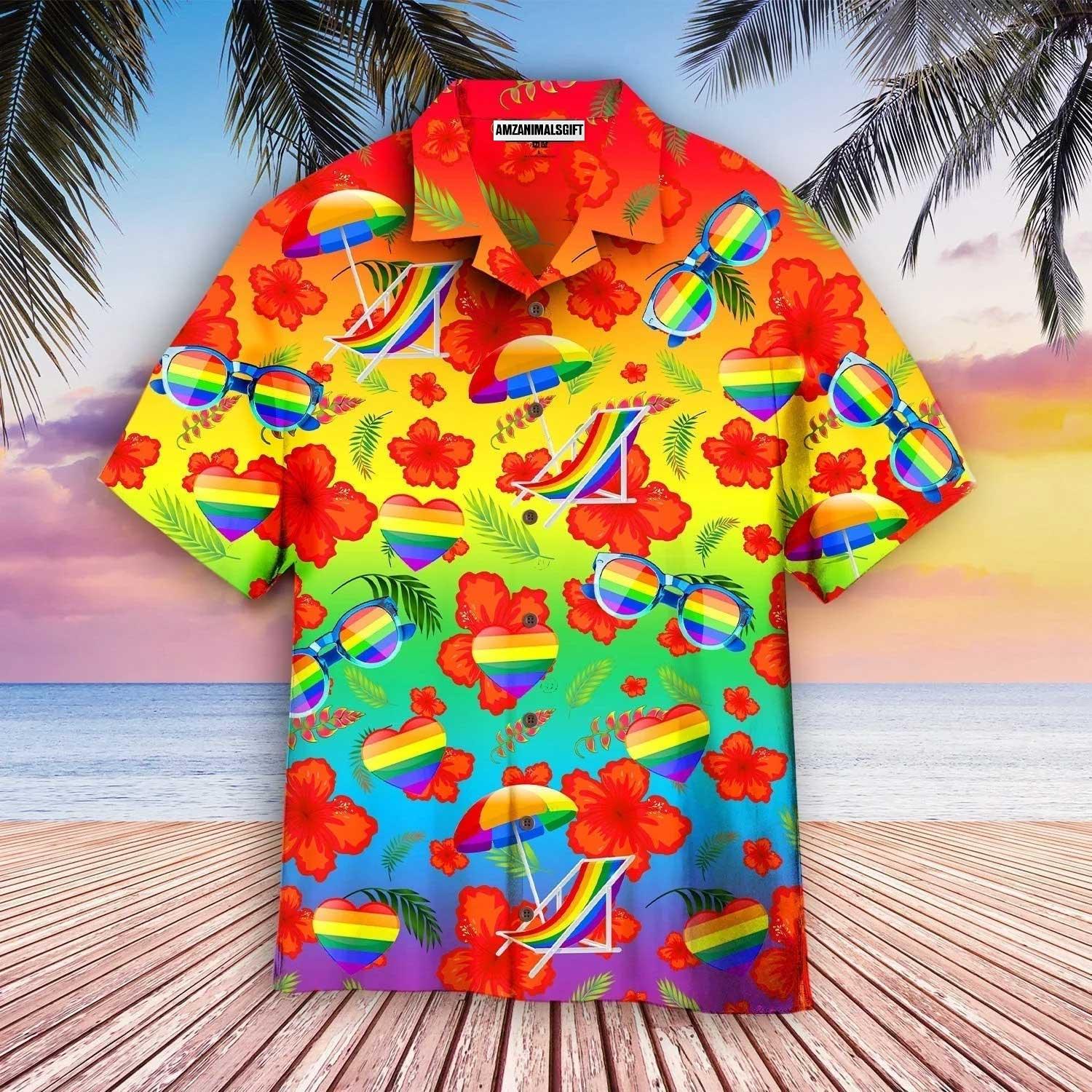 LGBT Aloha Hawaiian Shirts For Summer, Pride Month Hibiscus With LGBT Flag Aloha Hawaiian Shirts For Men Women, Perfect Gift For Friend, Team, Family - Amzanimalsgift