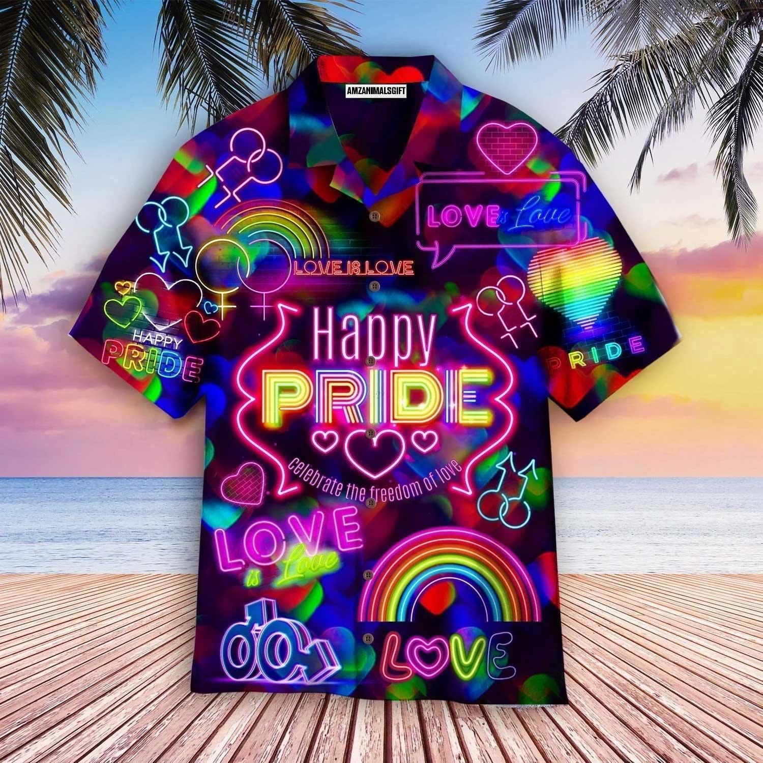 LGBT Aloha Hawaiian Shirts For Summer, Rainbow Colorful LGBT Hawaiian Shirts, Gift For Gaymer And Lesbian - Happy Pride Celebrate The Freedom Of Love - Amzanimalsgift