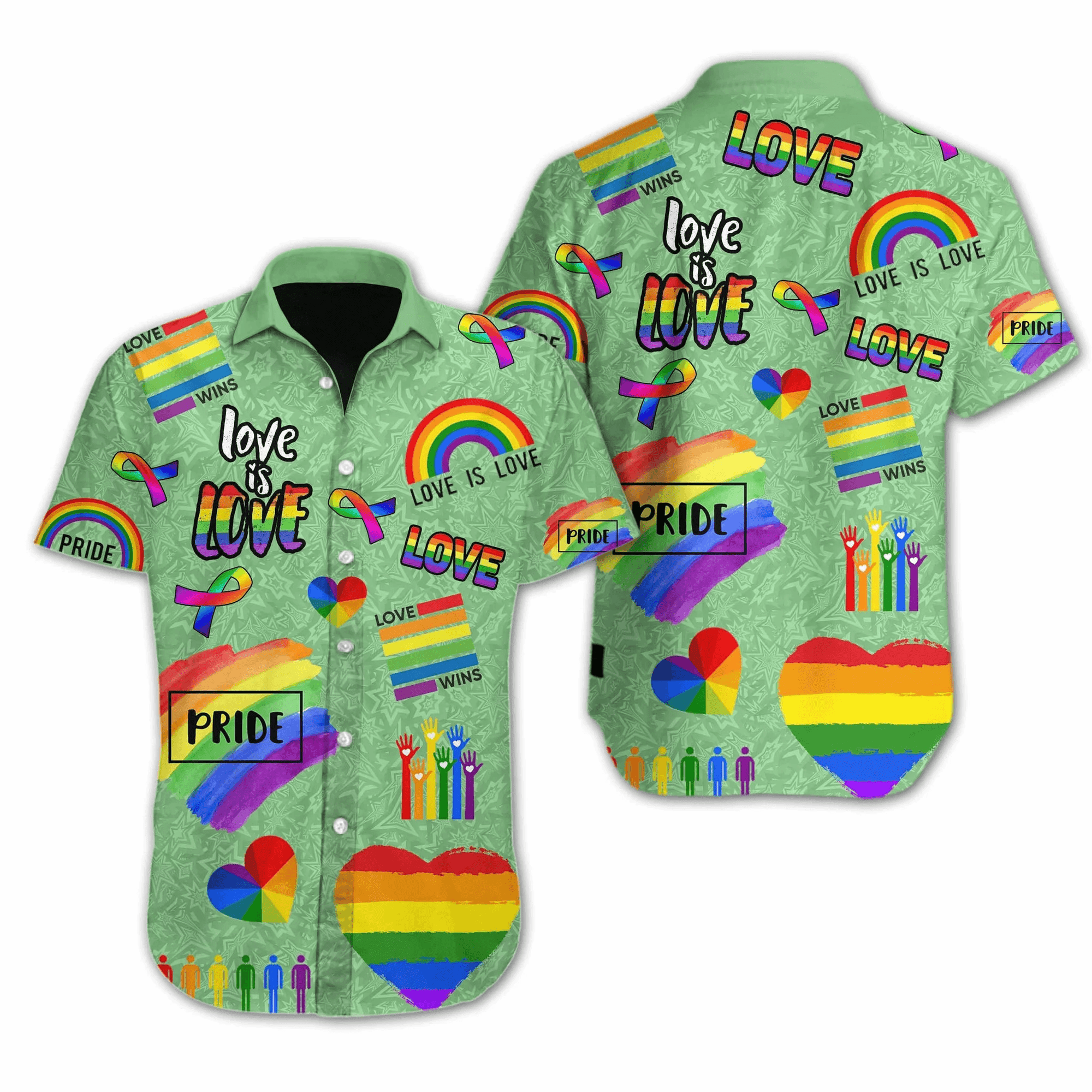 LGBT Aloha Hawaiian Shirts For Summer, Ribbon Heart Rainbow Colorful Of LGBT Hawaiian Shirts, Gift For Couple Gaymer And Lesbian - Love Is Love - Amzanimalsgift