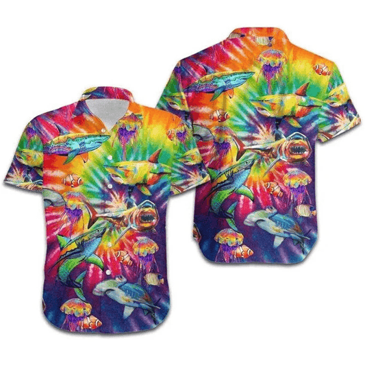 LGBT Aloha Hawaiian Shirts For Summer, Sharks Rainbow Tie Dye Colorful Hawaiian Shirts, Pride Gift For Couple Gaymer And Lesbian, Friend - Amzanimalsgift