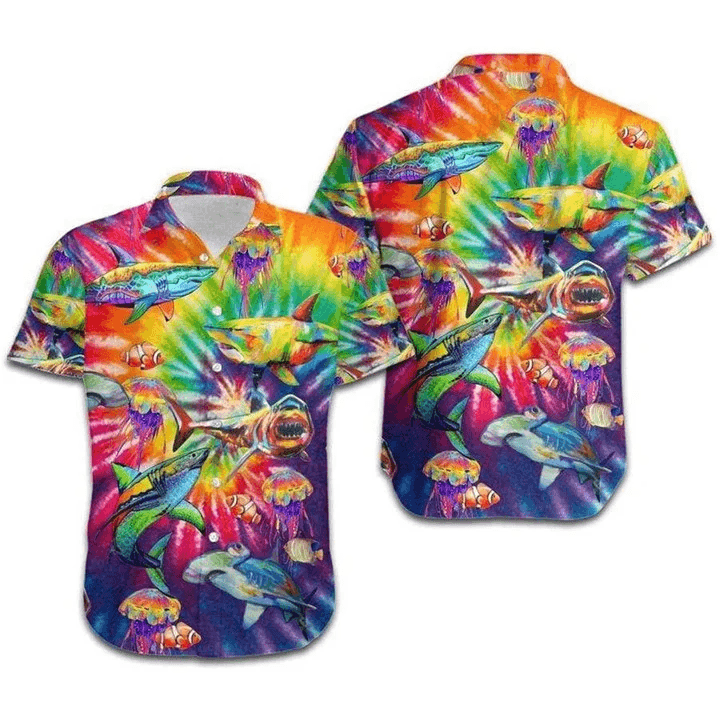 LGBT Aloha Hawaiian Shirts For Summer, Sharks Rainbow Tie Dye Colorful Hawaiian Shirts, Pride Gift For Couple Gaymer And Lesbian, Friend - Amzanimalsgift