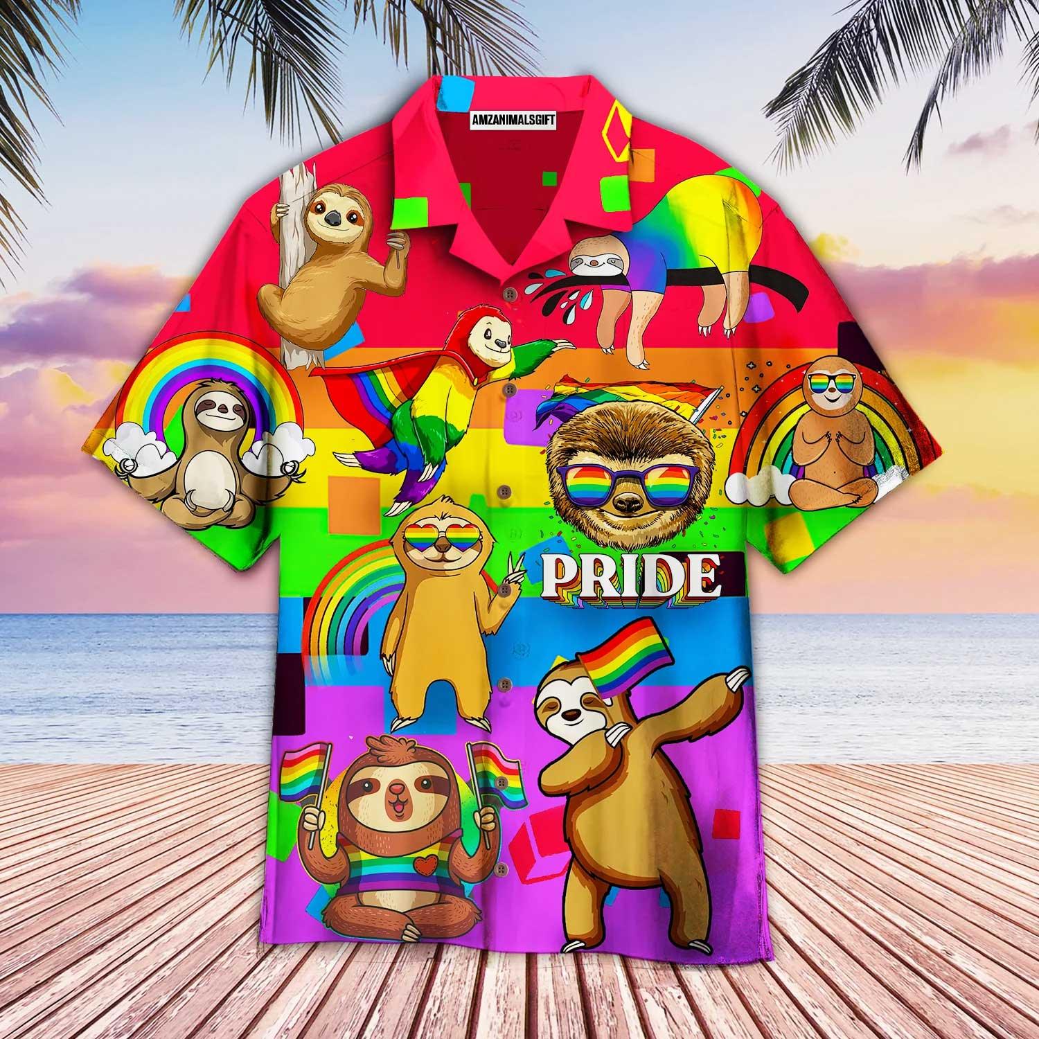 LGBT Aloha Hawaiian Shirts For Summer, Sloth Rainbow Colorful Hawaiian Shirts, LGBT Pride Month Aloha Hawaiian Shirts For Men Women - Amzanimalsgift