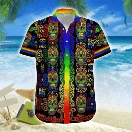 LGBT Aloha Hawaiian Shirts For Summer, Sugar Skull Love Is Love Rainbow Colorful Hawaiian Shirts, Pride Gift For Couple Gaymer And Lesbian, Friend - Amzanimalsgift