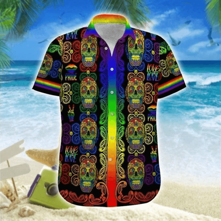 LGBT Aloha Hawaiian Shirts For Summer, Sugar Skull Love Is Love Rainbow Colorful Hawaiian Shirts, Pride Gift For Couple Gaymer And Lesbian, Friend - Amzanimalsgift