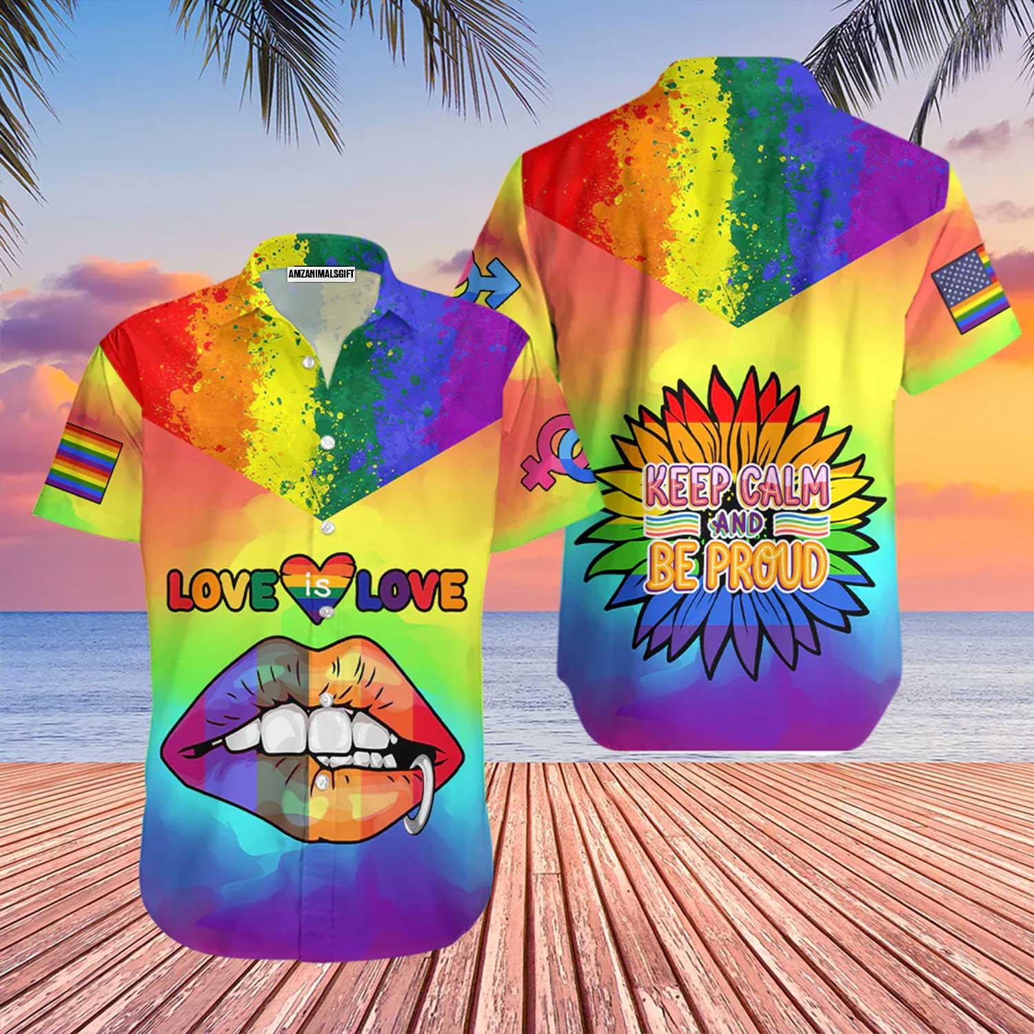 LGBT Aloha Hawaiian Shirts For Summer, Sunflower Lips Aloha Hawaiian Shirts For Men Women, Perfect Gift For Friend - Love Is Love Keep Calm & Be Proud - Amzanimalsgift