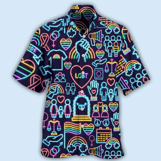 LGBT Aloha Hawaiian Shirts For Summer, Symbols Neon Colorful Rainbow LGBT Pride Hawaiian Shirts, Gift For Couple Gaymer And Lesbian, Friend - Amzanimalsgift