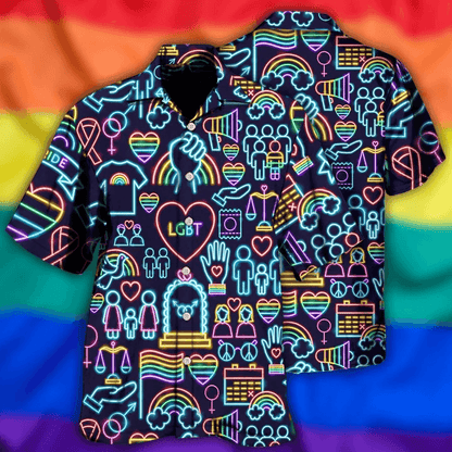 LGBT Aloha Hawaiian Shirts For Summer, Symbols Neon Colorful Rainbow LGBT Pride Hawaiian Shirts, Gift For Couple Gaymer And Lesbian, Friend - Amzanimalsgift