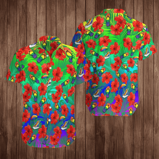 LGBT Aloha Hawaiian Shirts For Summer, Tropical Hibiscus Flip Flops Colorful Rainbow LGBT Pride Hawaiian Shirts, Gift For Couple Gaymer And Lesbian - Amzanimalsgift