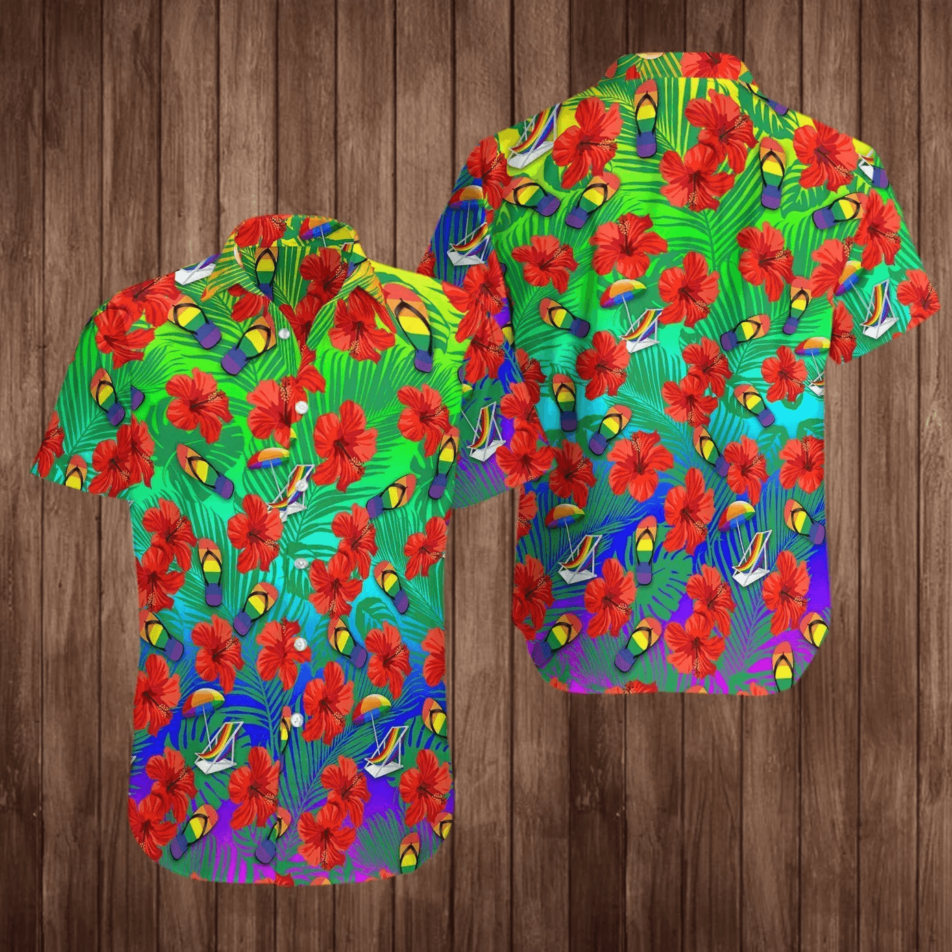 LGBT Aloha Hawaiian Shirts For Summer, Tropical Hibiscus Flip Flops Colorful Rainbow LGBT Pride Hawaiian Shirts, Gift For Couple Gaymer And Lesbian - Amzanimalsgift
