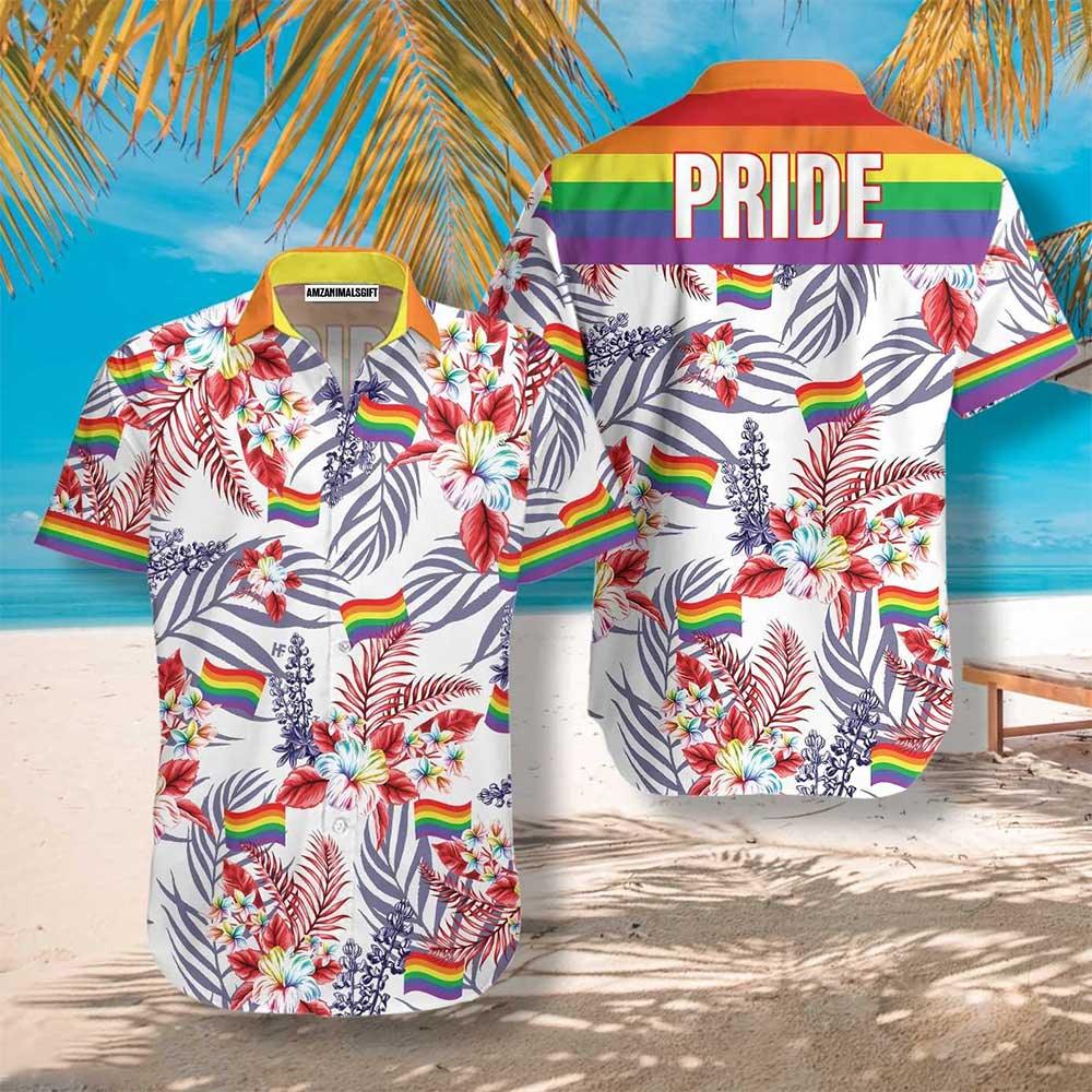 LGBT Aloha Hawaiian Shirts For Summer, Vivid Bluebonnet Rainbow LGBT Flag Tropical Floral Pride Hawaiian Shirts, Gift For Gaymer And Lesbian - Amzanimalsgift