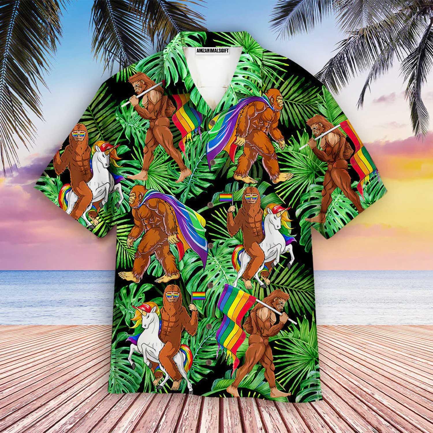 LGBT And Bigfoot Aloha Hawaiian Shirts For Summer, Bigfoot Gay Proud Of LGBT Rainbow Flag Colorful Hawaiian Shirts, Gift For Gaymer And Lesbian - Amzanimalsgift