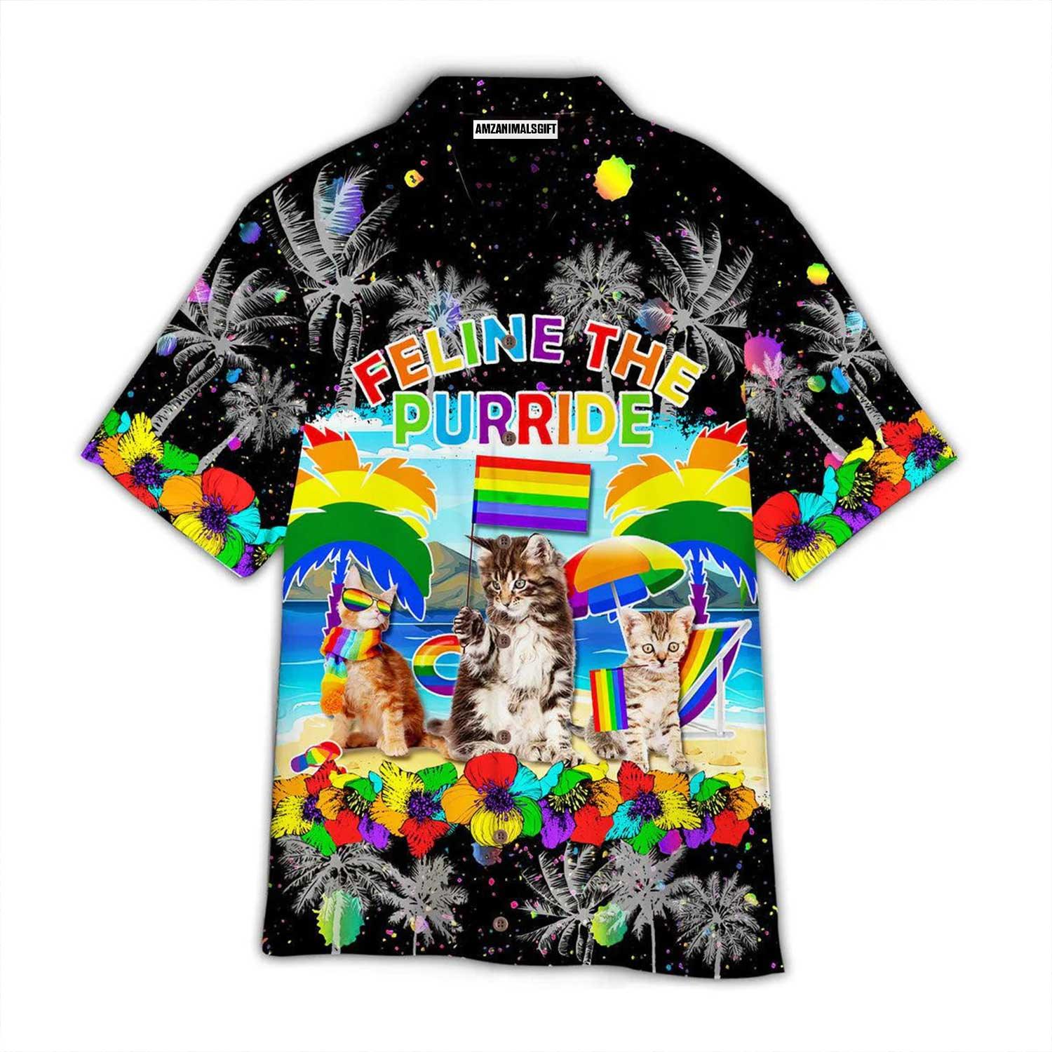 LGBT & Cat Aloha Hawaiian Shirts For Summer, Feline The Purride Happy LGBT Pride Month Colorful Rainbow Hawaiian Shirts, Gift For Gaymer And Lesbian - Amzanimalsgift