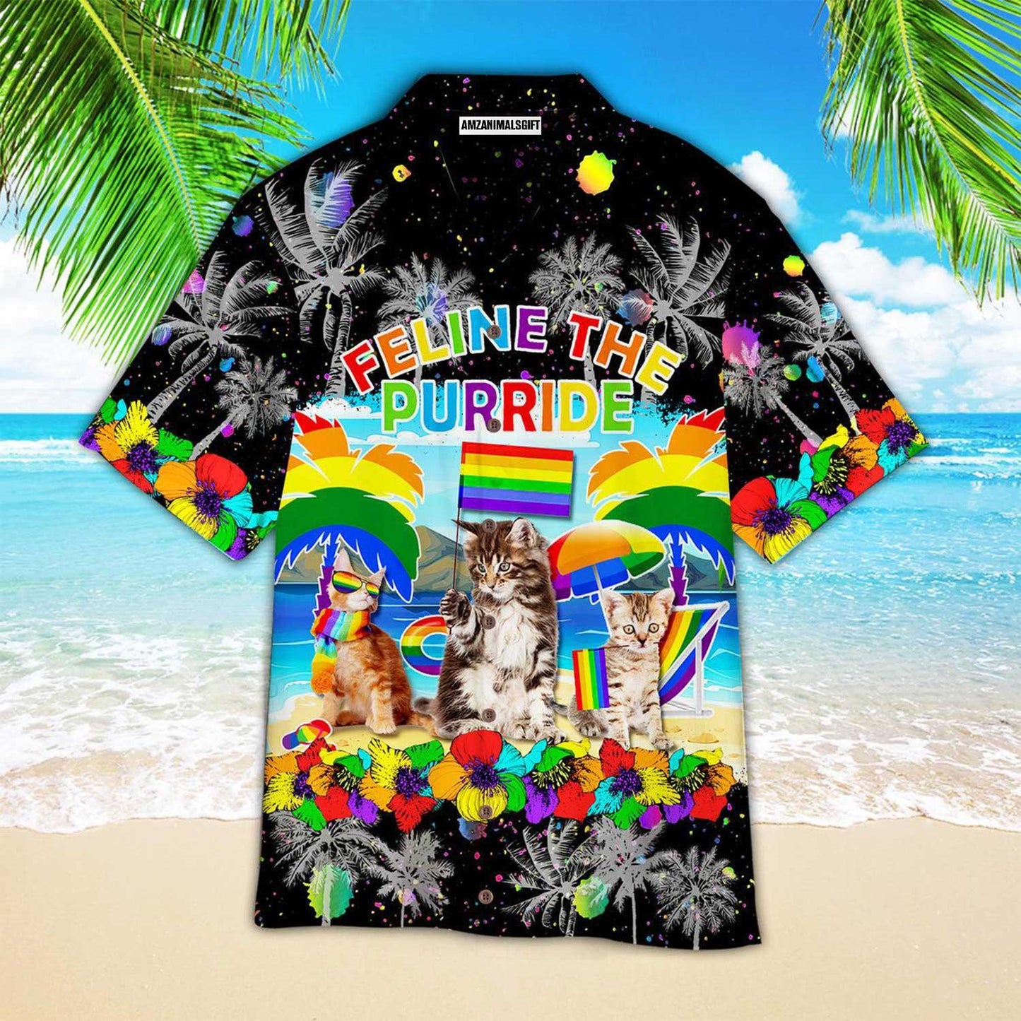 LGBT & Cat Aloha Hawaiian Shirts For Summer, Feline The Purride Happy LGBT Pride Month Colorful Rainbow Hawaiian Shirts, Gift For Gaymer And Lesbian - Amzanimalsgift