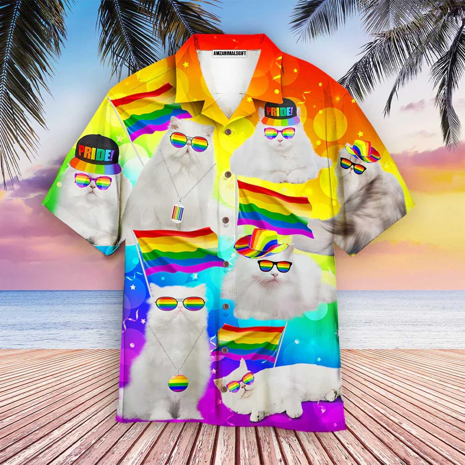 LGBT And Cat Aloha Hawaiian Shirts For Summer, Glasses Flag Rainbow Colorful Of LGBT Pride Day Hawaiian Shirts, Gift For Couple Gaymer And Lesbian - Amzanimalsgift