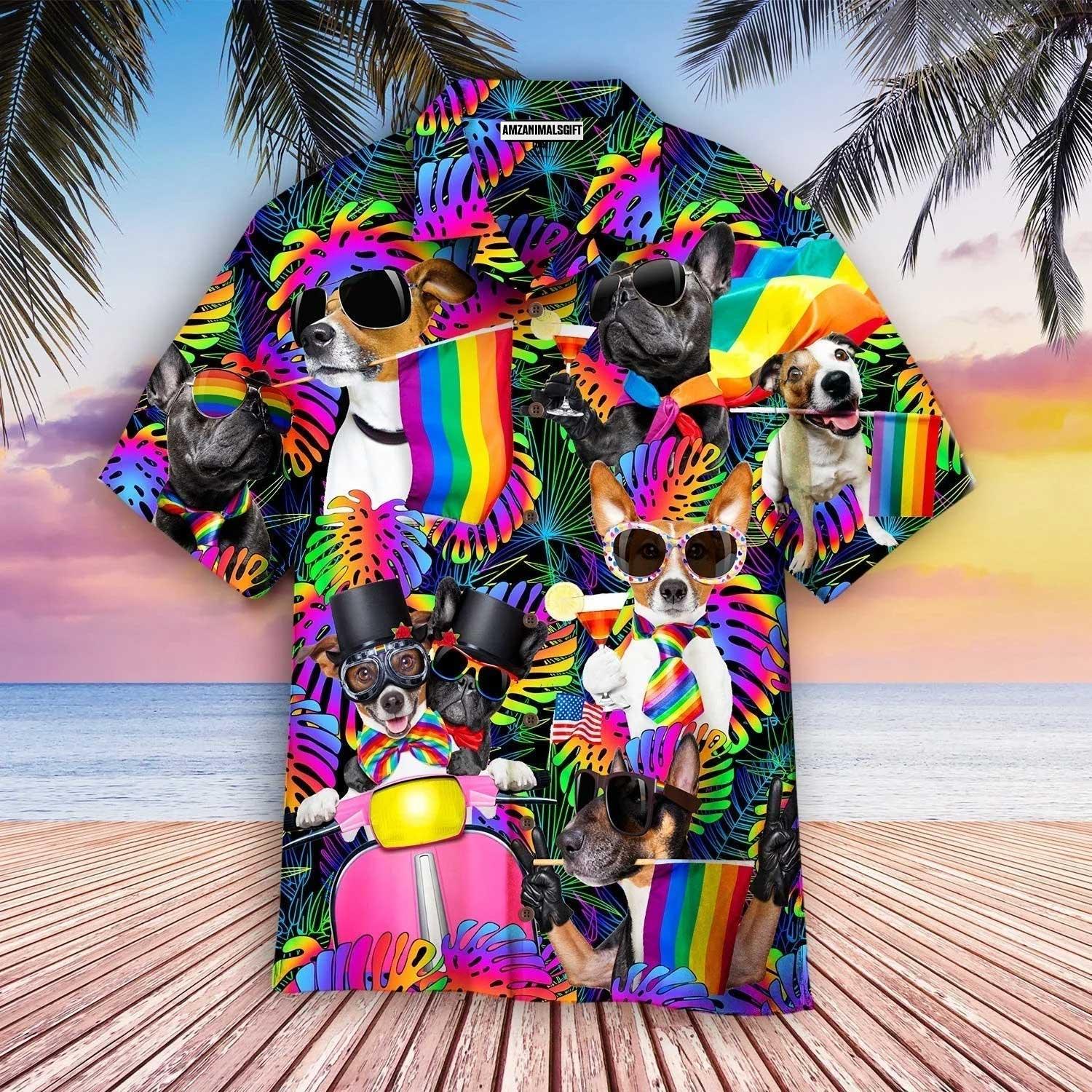 LGBT And Dog Aloha Hawaiian Shirts For Summer, Happy Dogs Pride Month Tropical Rainbow LGBT Hawaiian Shirts For Men Women, Gift For Friend, Dog Lovers - Amzanimalsgift
