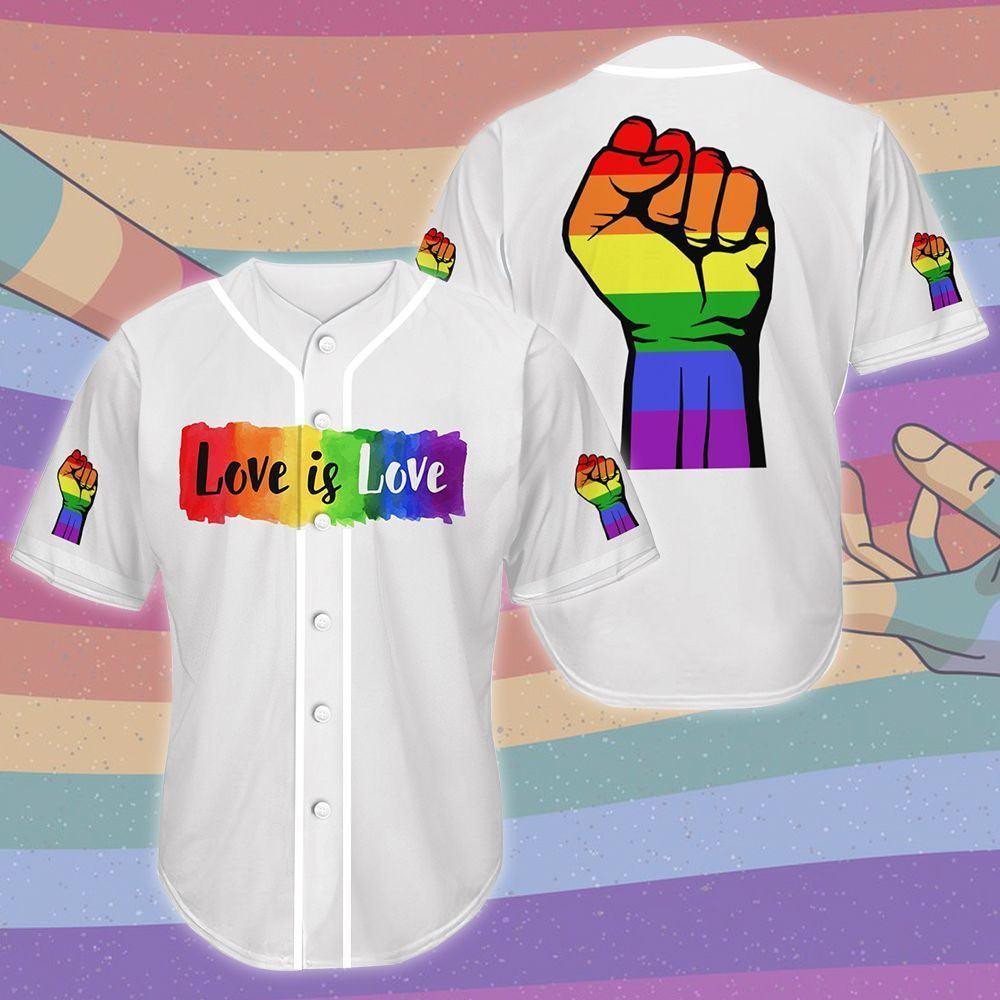 LGBT Baseball Jersey, Love Is Love Color Hand, Pride Colorful Of LGBT White Baseball Jersey, Gift For Gaymer And Lesbian - Amzanimalsgift