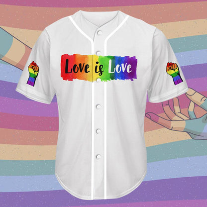 LGBT Baseball Jersey, Love Is Love Color Hand, Pride Colorful Of LGBT White Baseball Jersey, Gift For Gaymer And Lesbian - Amzanimalsgift