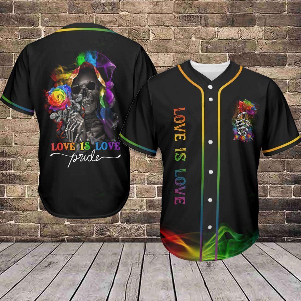 LGBT Baseball Jersey, Love Is Love Pride, Skull With Rose Colorful Of LGBT Baseball Jersey, Gift For Gaymer And Lesbian - Amzanimalsgift