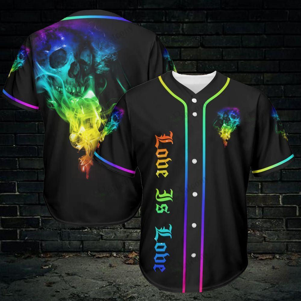 LGBT Baseball Jersey, Pride Love Is Love, Skull Colorful Of LGBT Baseball Jersey, Gift For Gaymer And Lesbian - Amzanimalsgift