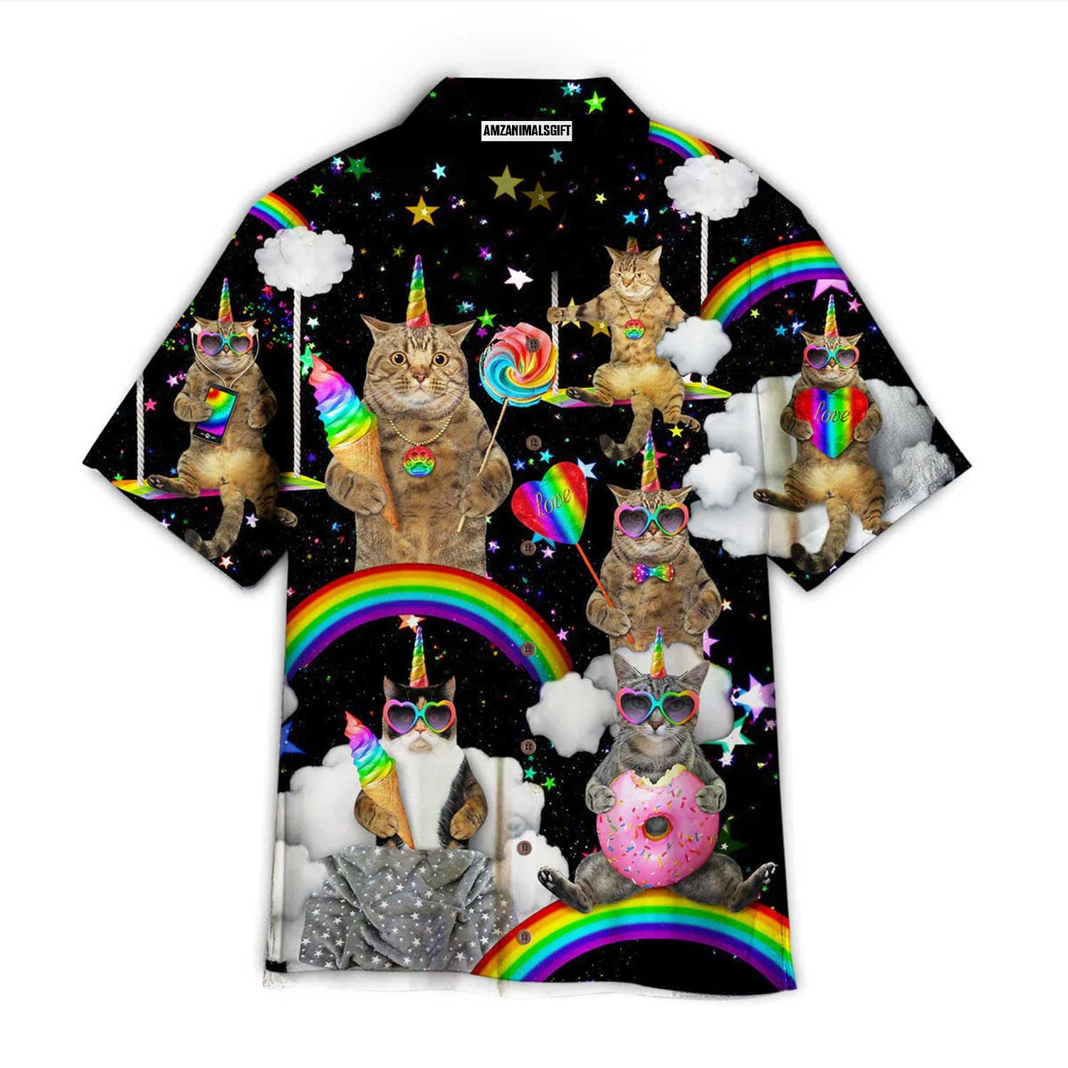 LGBT Cat Aloha Hawaiian Shirts For Summer, Unicorn Cat Happy Pride Colorful Rainbow Of LGBT Hawaiian Shirts, Gift For Gaymer And Lesbian, Cat Lovers - Amzanimalsgift