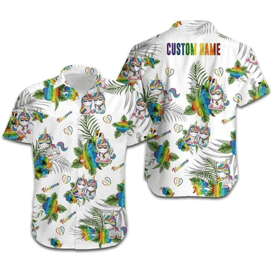 LGBT Custom Aloha Hawaiian Shirts For Summer, Personalized Unicorn Hibiscus Colorful Rainbow Pride Hawaiian Shirts, Gift For Couple Gaymer And Lesbian - Amzanimalsgift