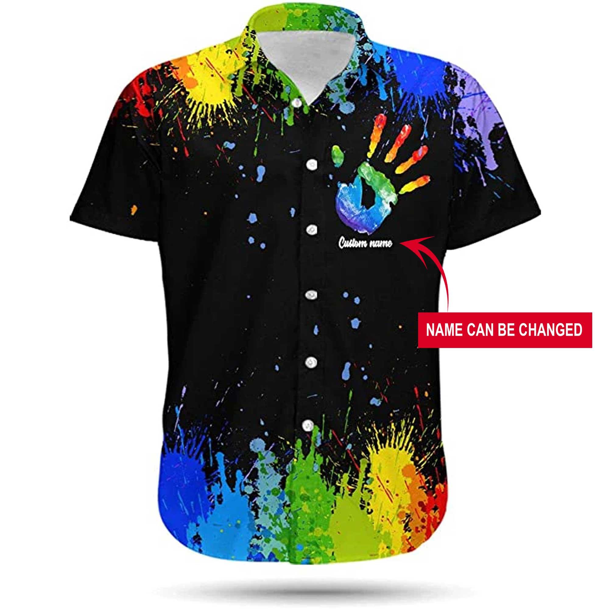 LGBT Custom Name Aloha Hawaiian Shirts For Summer, Personalized Hand Rainbow Paint Colorful LGBT Hawaiian Shirts, Pride Gift For Gaymer And Lesbian - Amzanimalsgift