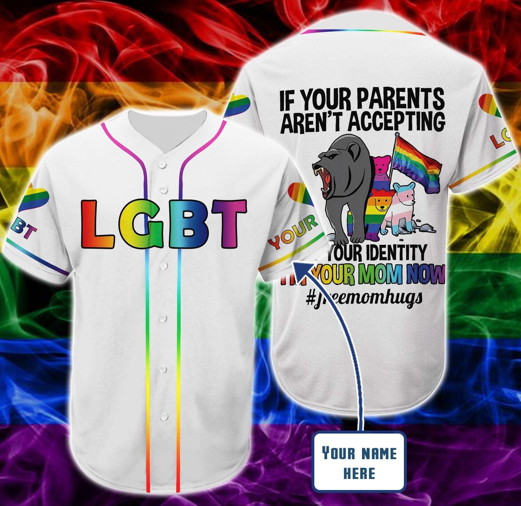 LGBT Custom Name Baseball Jersey, Freemomhug, Personalized Bear Pride Colorful Of LGBT Baseball Jersey, Gift For Gaymer And Lesbian - Amzanimalsgift