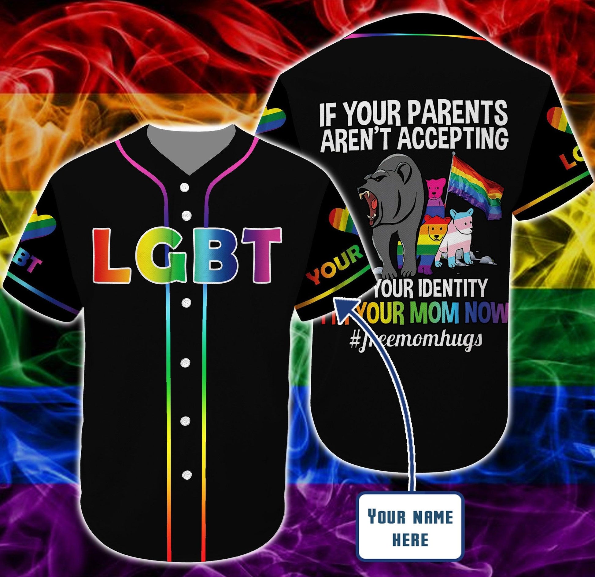 LGBT Custom Name Baseball Jersey, Freemomhug, Personalized Bear Pride Colorful Of LGBT Baseball Jersey, Gift For Gaymer And Lesbian - Amzanimalsgift