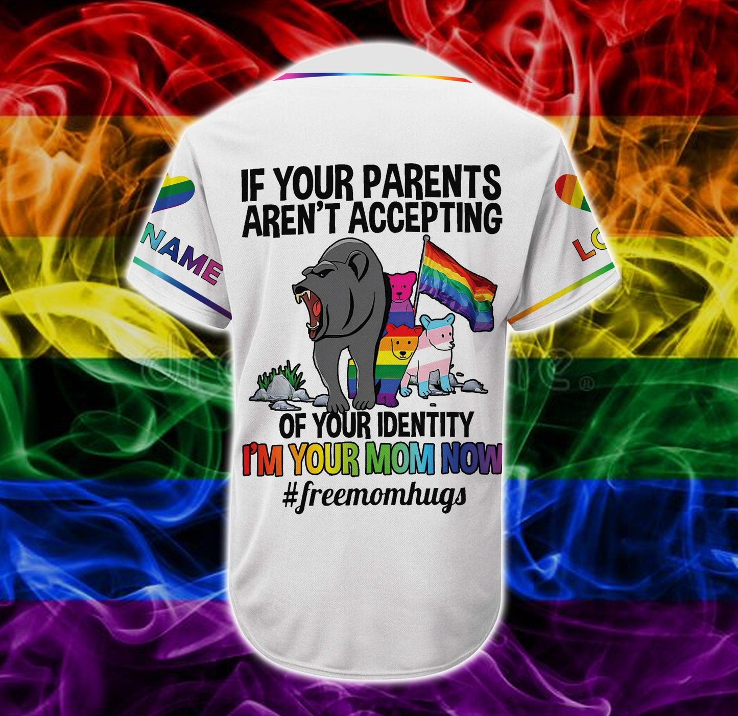 LGBT Custom Name Baseball Jersey, Freemomhug, Personalized Bear Pride Colorful Of LGBT Baseball Jersey, Gift For Gaymer And Lesbian - Amzanimalsgift