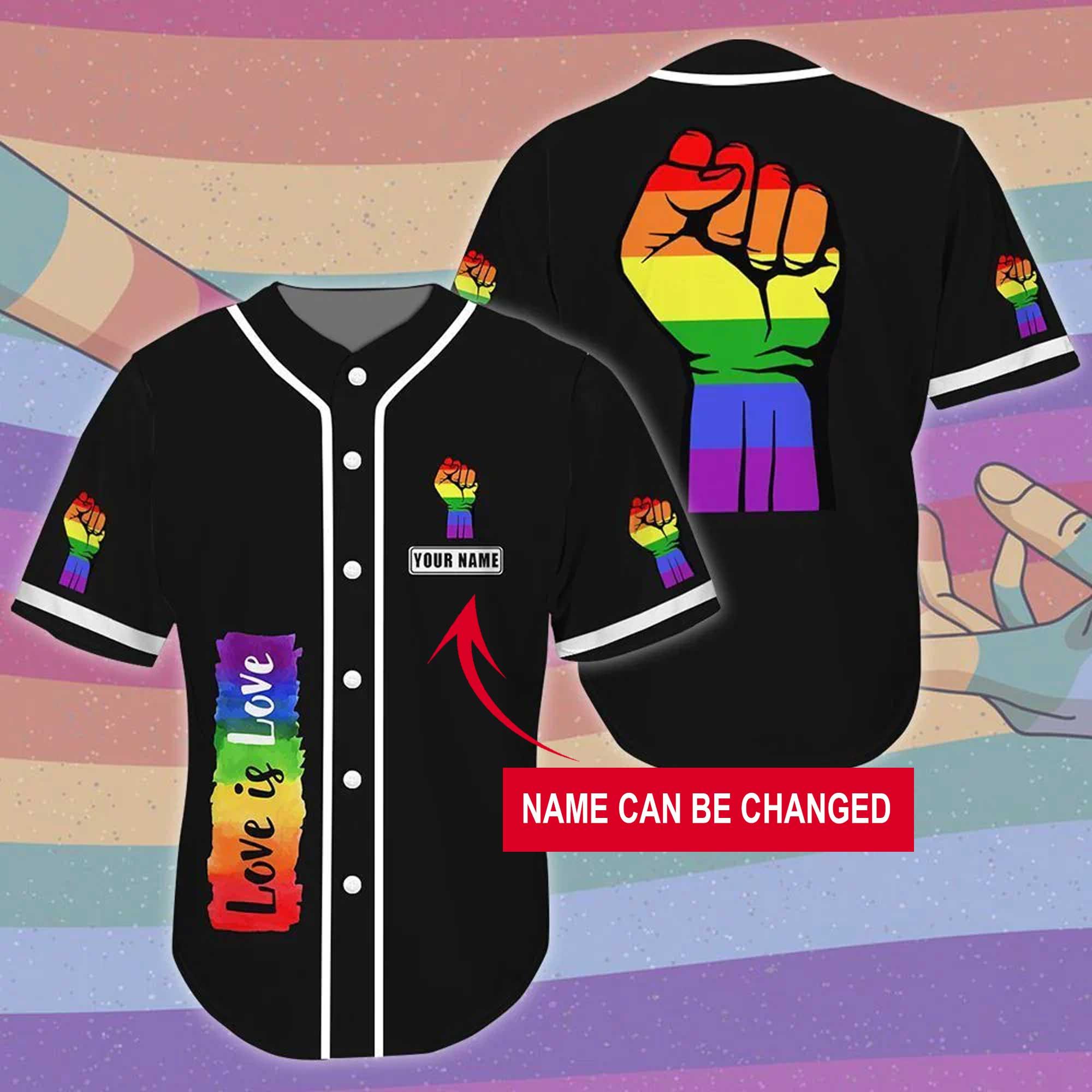 LGBT Custom Name Baseball Jersey, Hand Up Love Is Love, Personalized Pride Colorful Of LGBT Baseball Jersey, Gift For Gaymer And Lesbian - Amzanimalsgift