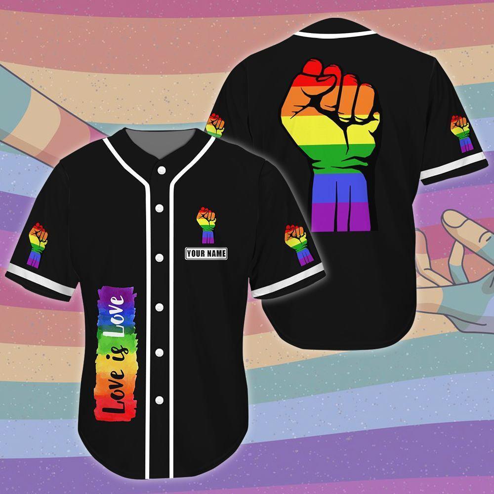 LGBT Custom Name Baseball Jersey, Hand Up Love Is Love, Personalized Pride Colorful Of LGBT Baseball Jersey, Gift For Gaymer And Lesbian - Amzanimalsgift