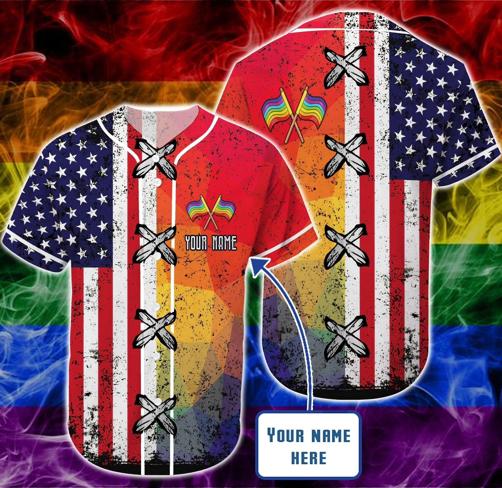 LGBT Custom Name Baseball Jersey, Personalized Pride Colorful Of LGBT with America Flag Baseball Jersey, Gift For Gaymer And Lesbian - Amzanimalsgift