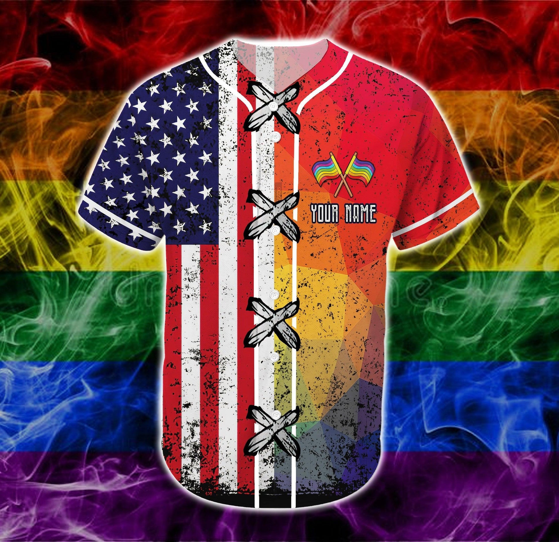 LGBT Custom Name Baseball Jersey, Personalized Pride Colorful Of LGBT with America Flag Baseball Jersey, Gift For Gaymer And Lesbian - Amzanimalsgift