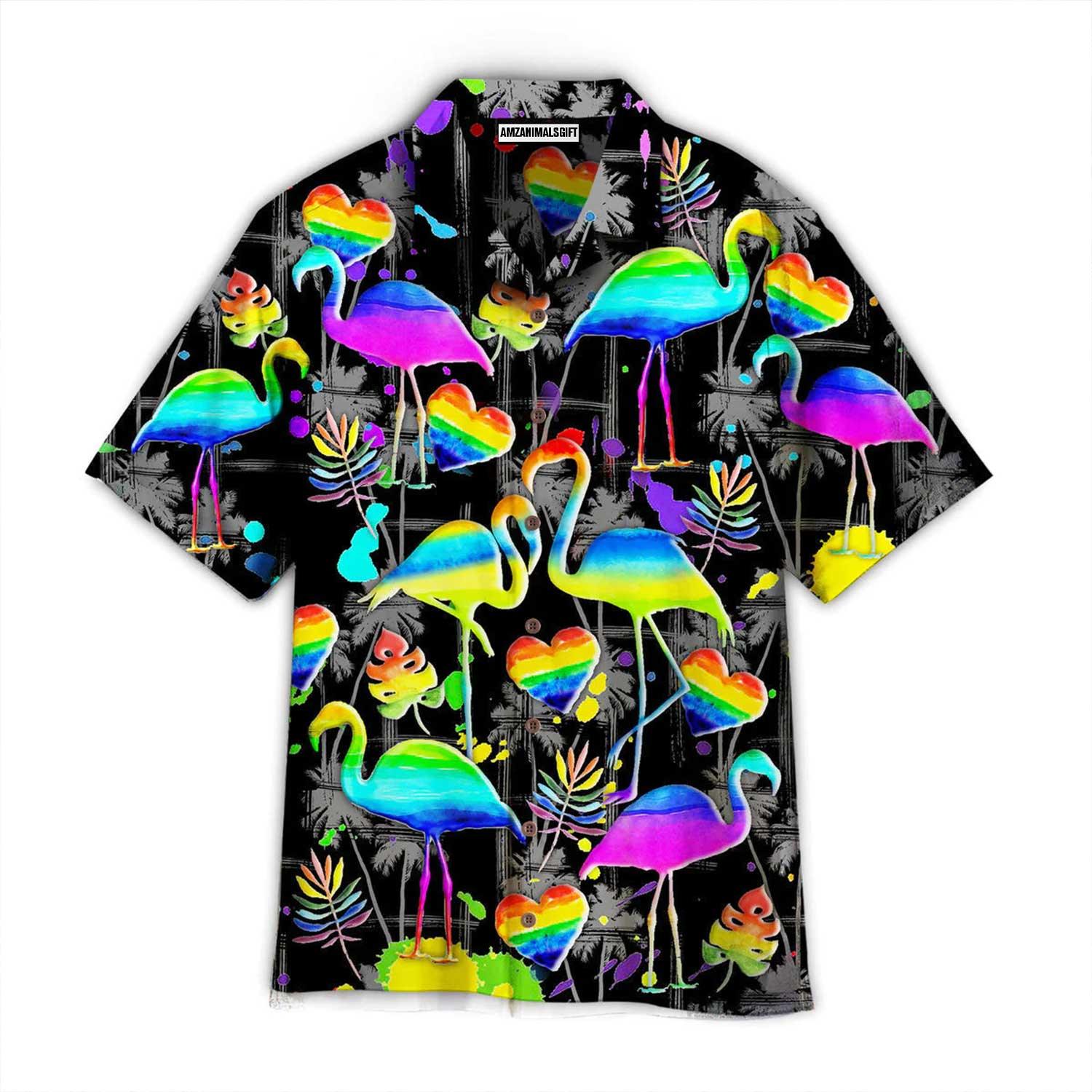 LGBT Flamingo Aloha Hawaiian Shirts For Summer, Flamingo Pride Happy LGBT Rainbow Colorful Hawaiian Shirts, Pride Gift For Gaymer And Lesbian, Friend - Amzanimalsgift